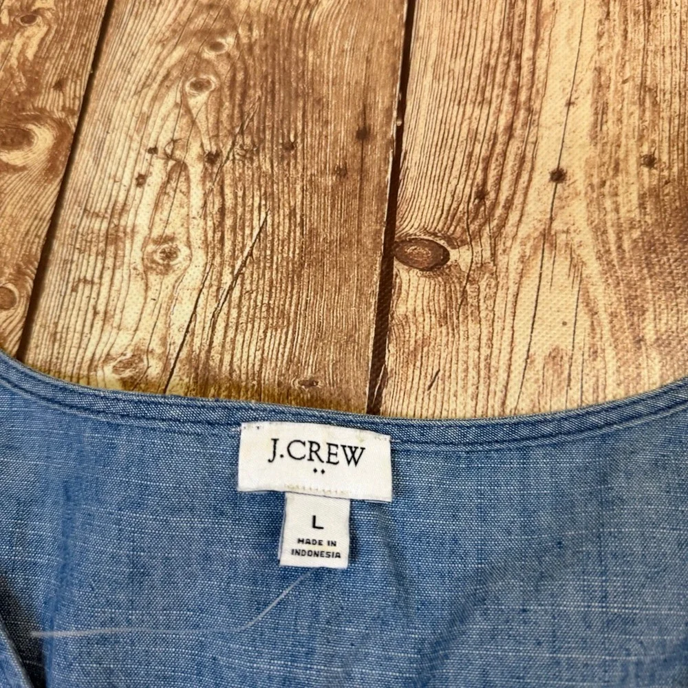 J.Crew V-Neck Puff Sleeve Blouse Womens Large Blue Chambray Cotton Top